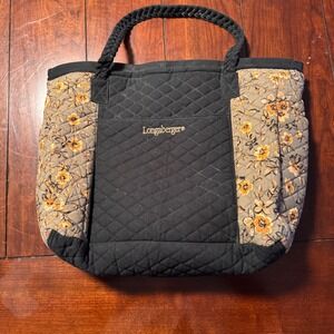 Longaberger Quilted Tote Bag Floral‎ Black Braided Handles Large Shoulder Bag